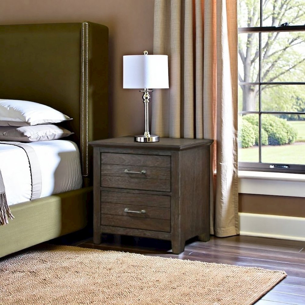 Dark Wood Rustic Nightstand with Metal Pulls, 2 Drawers Configuration