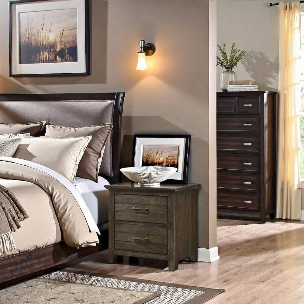 Dark Wood Rustic Nightstand with Metal Pulls, 2 Drawers Configuration