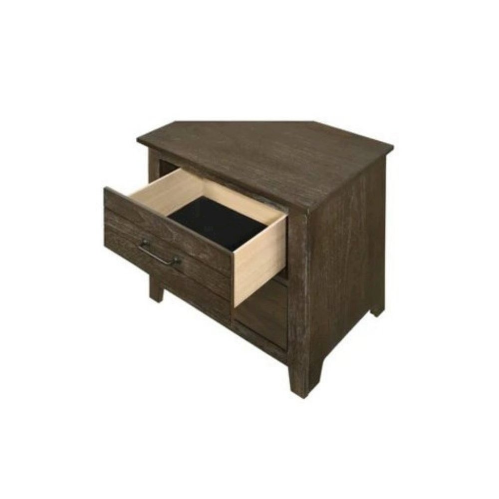Dark Wood Rustic Nightstand with Metal Pulls, 2 Drawers Configuration