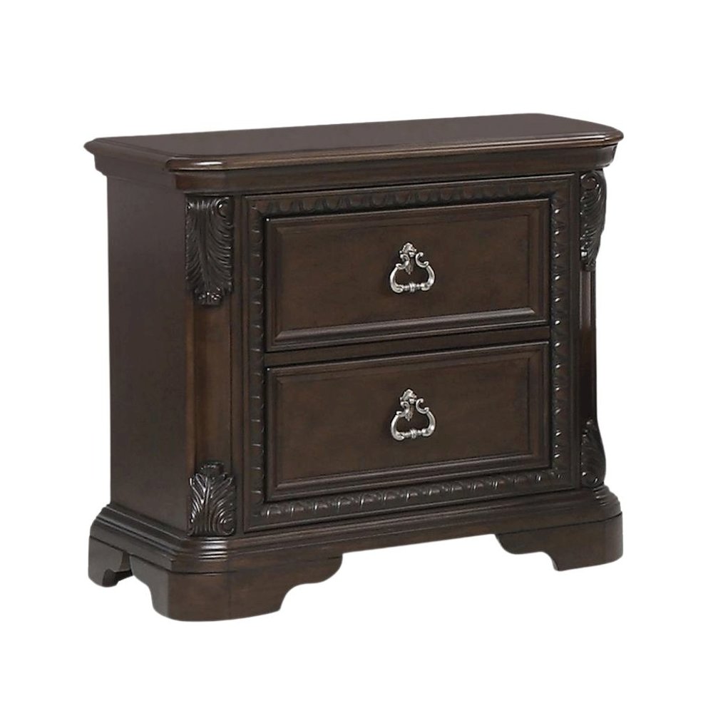2 Drawer Cherry Nightstand, Dark Wood Bedside Table with Details