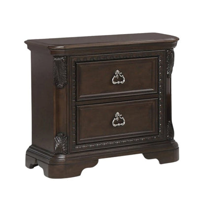 2 Drawer Cherry Nightstand, Dark Wood Bedside Table with Details
