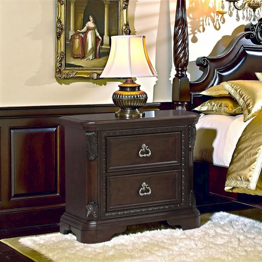 2 Drawer Cherry Nightstand, Dark Wood Bedside Table with Details