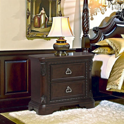 2 Drawer Cherry Nightstand, Dark Wood Bedside Table with Details