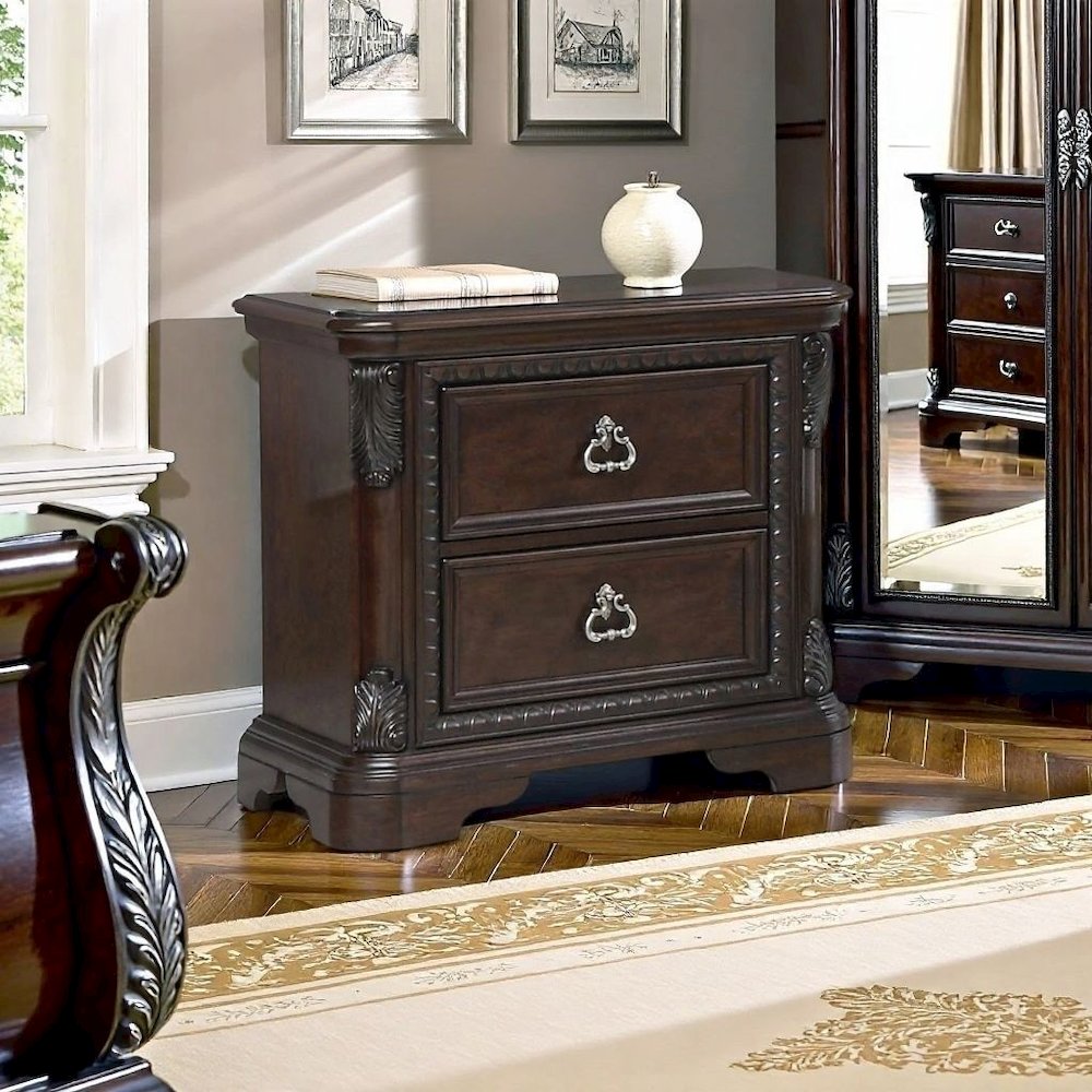 2 Drawer Cherry Nightstand, Dark Wood Bedside Table with Details