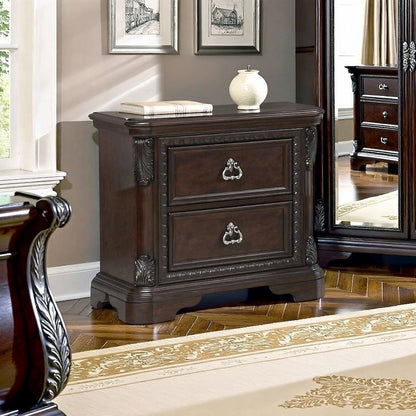 2 Drawer Cherry Nightstand, Dark Wood Bedside Table with Details