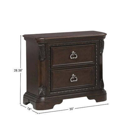 2 Drawer Cherry Nightstand, Dark Wood Bedside Table with Details