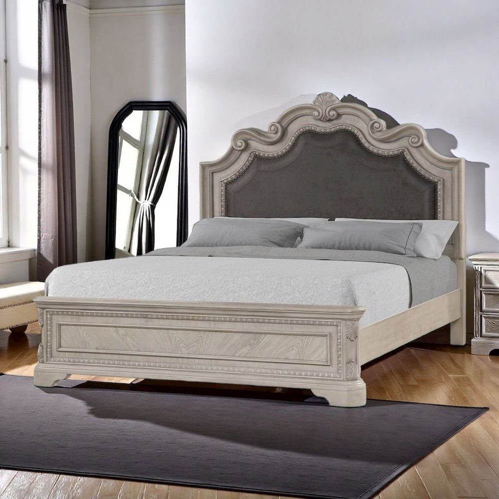 Grey Queen Bed Frame with Headboard and Vintage Carved Wood Details