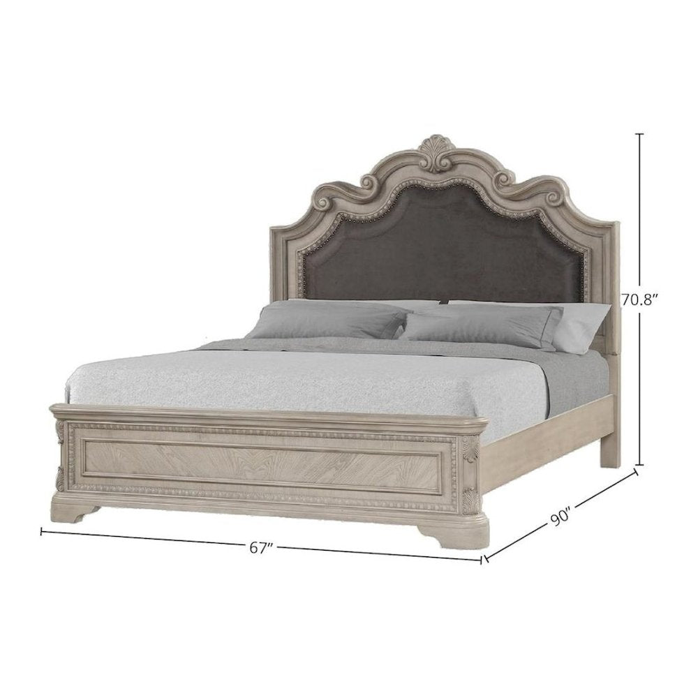Grey Queen Bed Frame with Headboard and Vintage Carved Wood Details