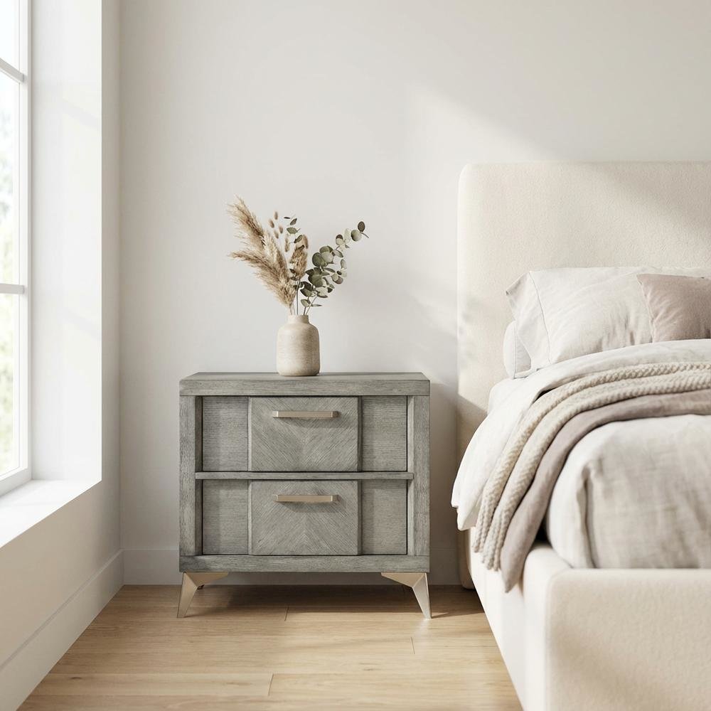 Gray Bedroom Nightstand with 2 Drawers and Modern Finish