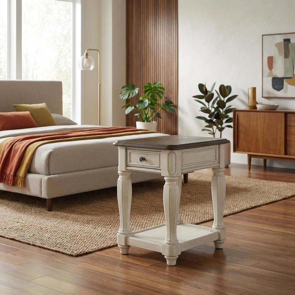 White Accent Table with 1 Drawer – Antique Bedroom Side Table in Cottage Style