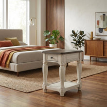 White Accent Table with 1 Drawer – Antique Bedroom Side Table in Cottage Style