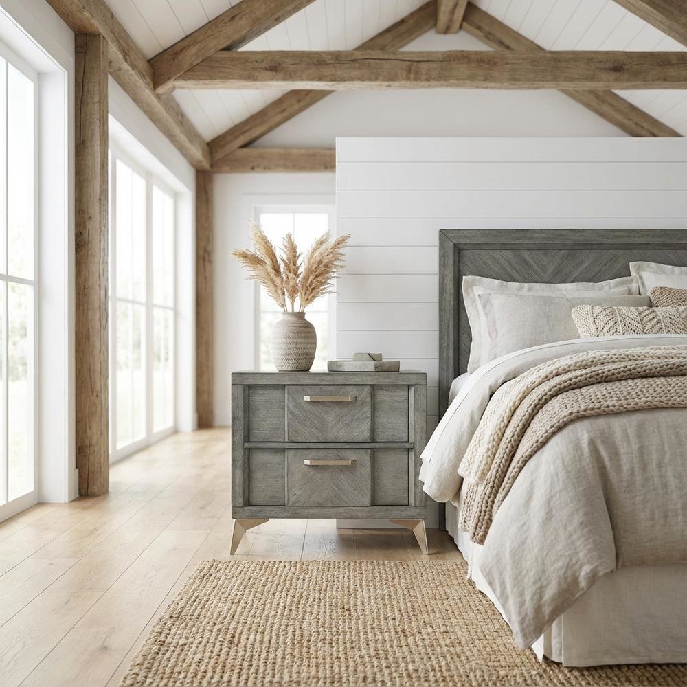 Gray Bedroom Nightstand with 2 Drawers and Modern Finish