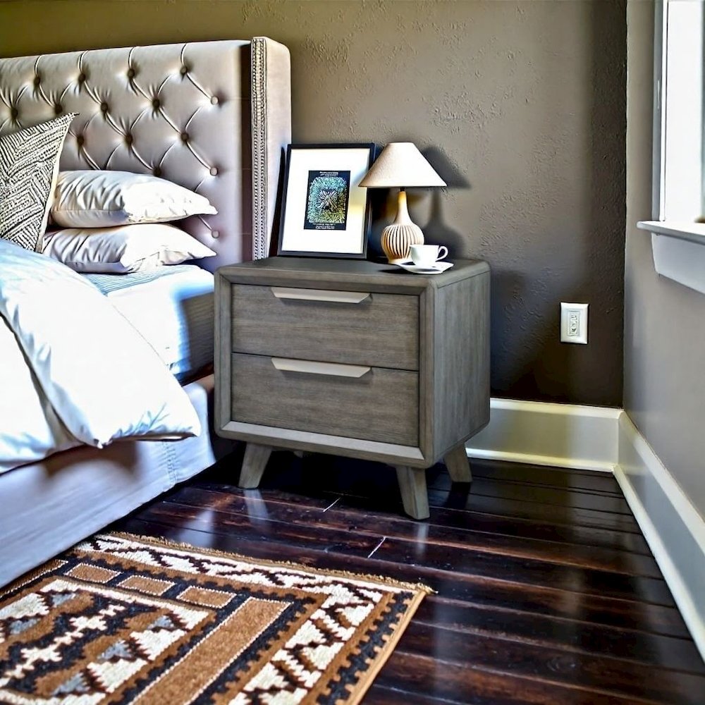 Dark Wood Two Drawer Nightstand with USB and Bronze Pulls on Block Feet