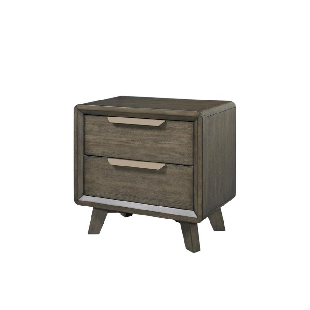 Dark Wood Two Drawer Nightstand with USB and Bronze Pulls on Block Feet