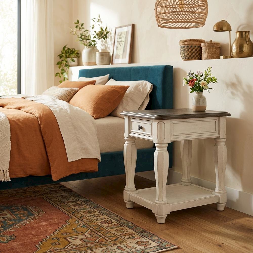 White Accent Table with 1 Drawer – Antique Bedroom Side Table in Cottage Style