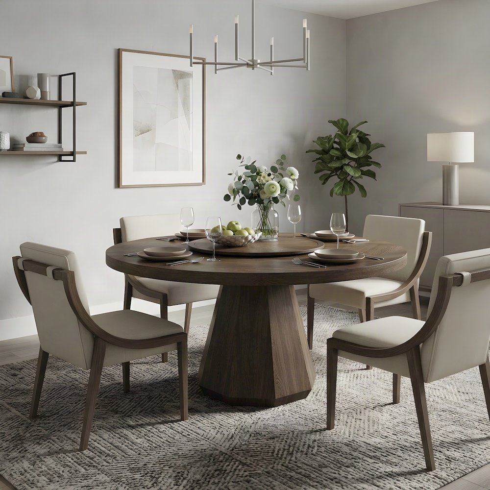 Elm Veneer Round Dining Table with Built-In Lazy Susan, Hardwood, Latte