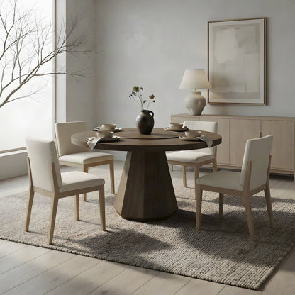 Elm Veneer Round Dining Table with Built-In Lazy Susan, Hardwood, Latte