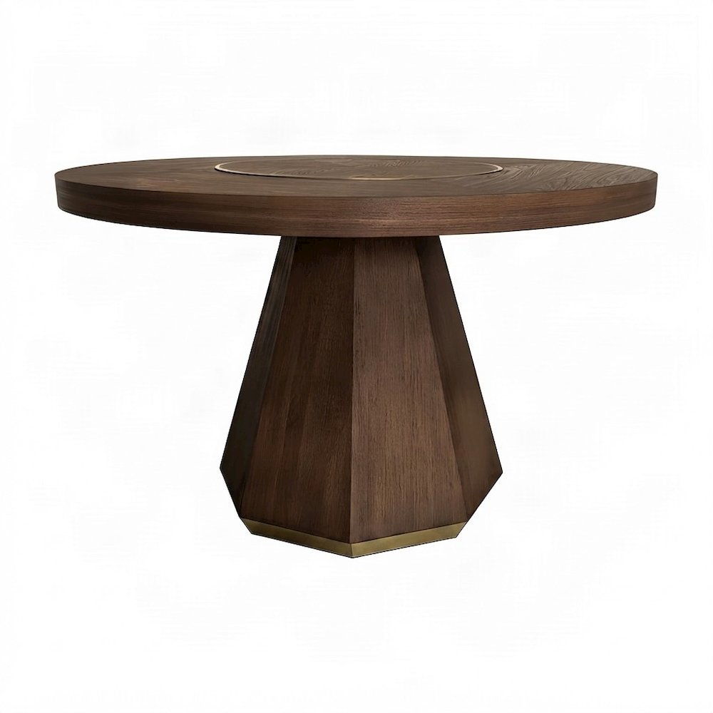 Elm Veneer Round Dining Table with Built-In Lazy Susan, Hardwood, Latte