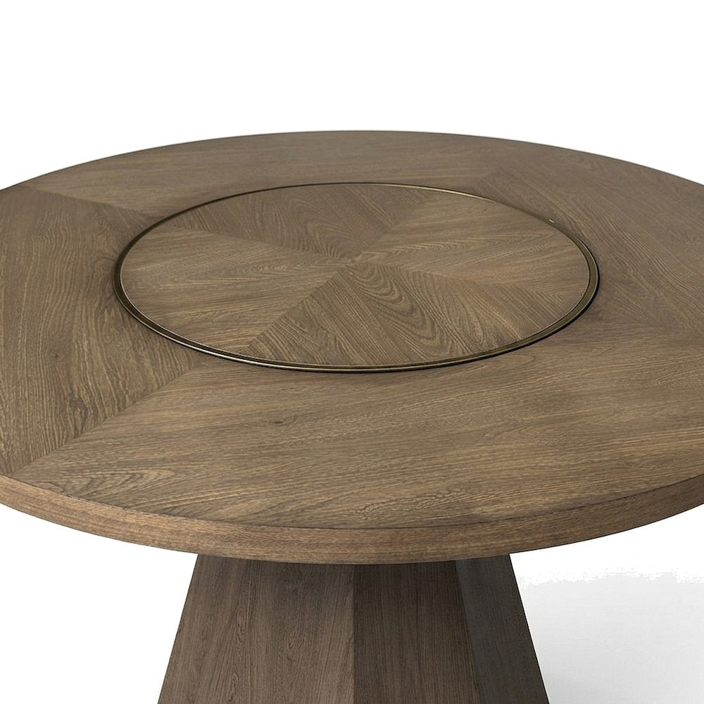 Elm Veneer Round Dining Table with Built-In Lazy Susan, Hardwood, Latte