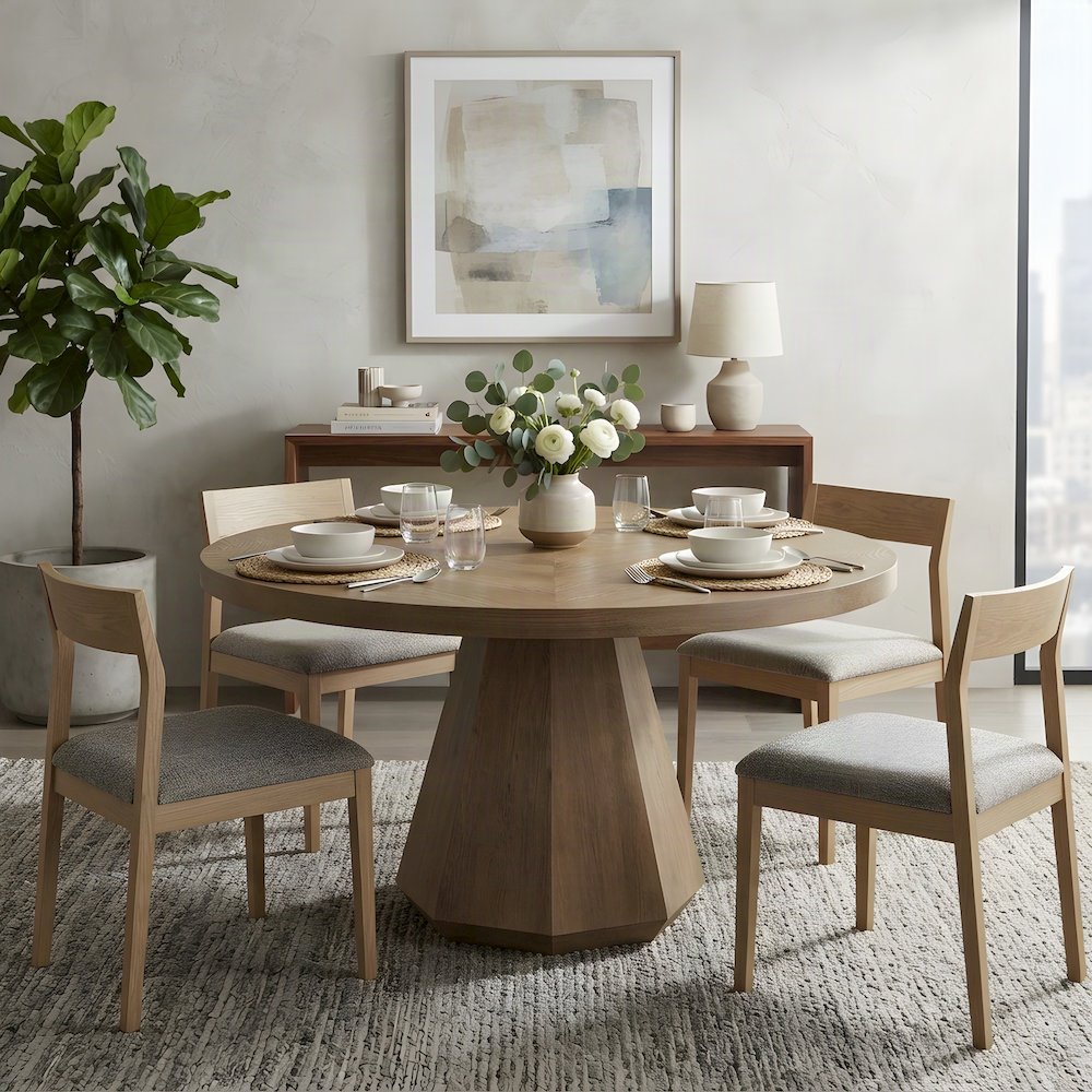 Elm Veneer Round Kitchen and Dining Table with Asian Hardwood Base, Latte