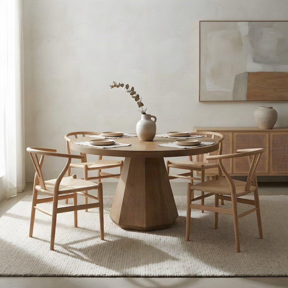 Elm Veneer Round Kitchen and Dining Table with Asian Hardwood Base, Latte