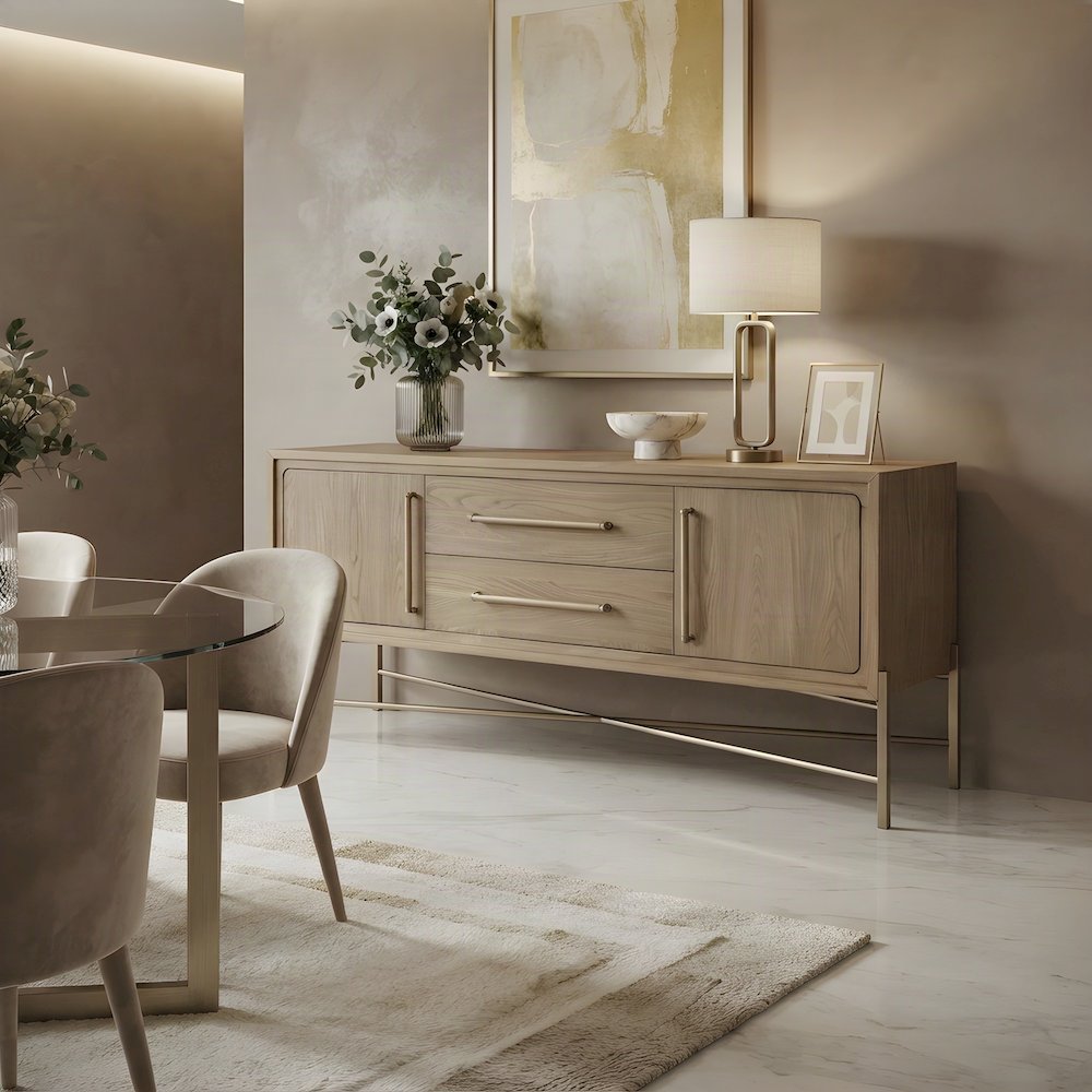 Elm Veneer Sideboard Buffet Cabinet with Metal Base, Transitional, Latte