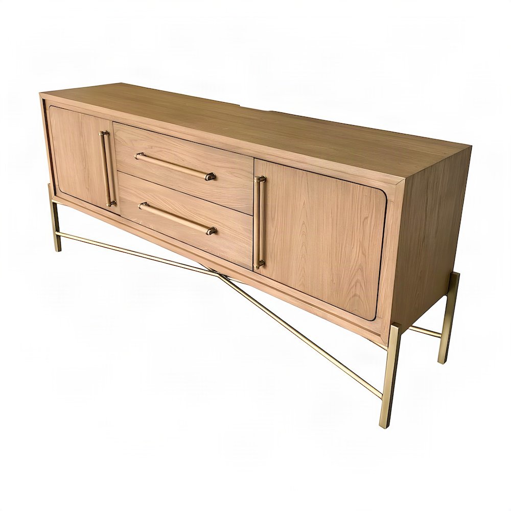 Elm Veneer Sideboard Buffet Cabinet with Metal Base, Transitional, Latte