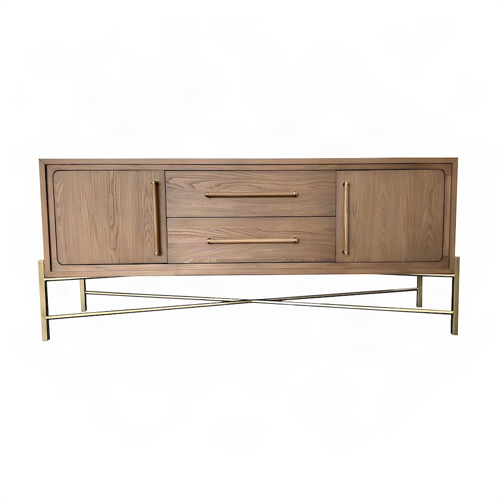 Elm Veneer Sideboard Buffet Cabinet with Metal Base, Transitional, Latte