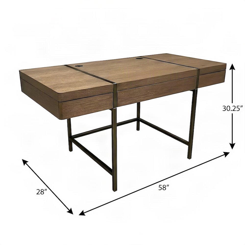 Elm Veneer and Hardwood Writing Desk with USB Port, Transitional, Latte