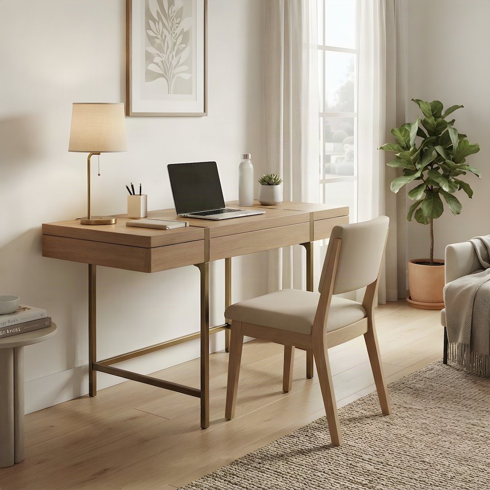 Elm Veneer and Hardwood Writing Desk with USB Port, Transitional, Latte