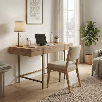 Elm Veneer and Hardwood Writing Desk with USB Port, Transitional, Latte