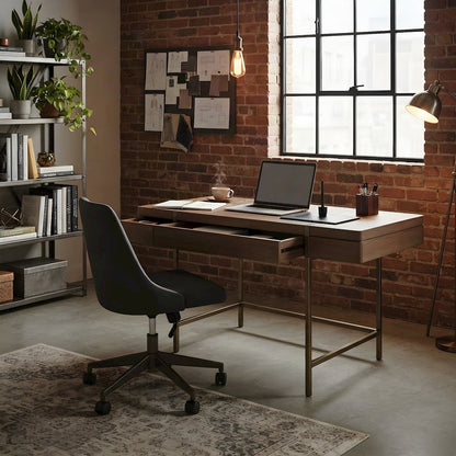 Elm Veneer and Hardwood Writing Desk with USB Port, Transitional, Latte