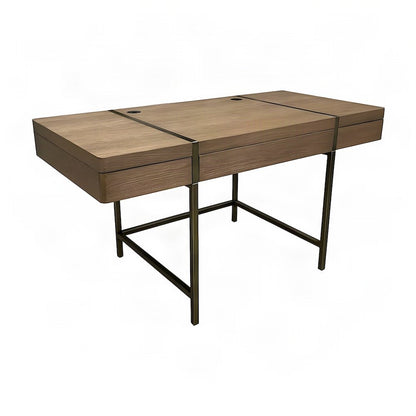 Elm Veneer and Hardwood Writing Desk with USB Port, Transitional, Latte