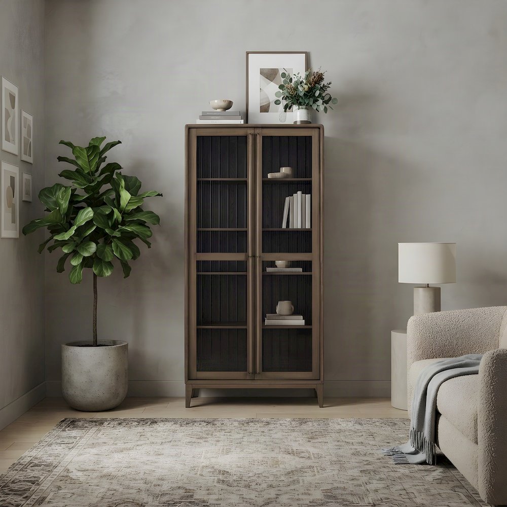 Elm Veneer Display Cabinet with Glass Doors and Adjustable Shelves, Peppercorn