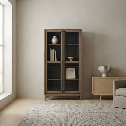 Elm Veneer Display Cabinet with Glass Doors and Adjustable Shelves, Peppercorn