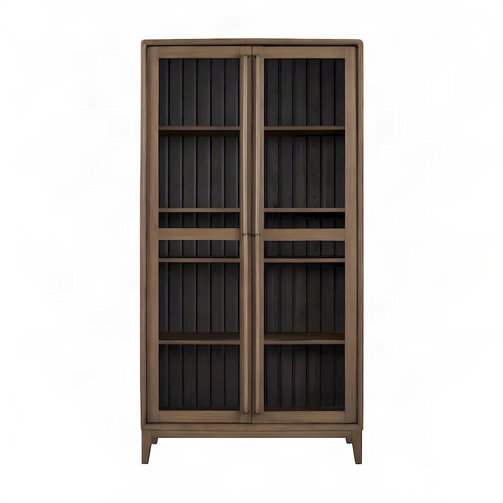 Elm Veneer Display Cabinet with Glass Doors and Adjustable Shelves, Peppercorn