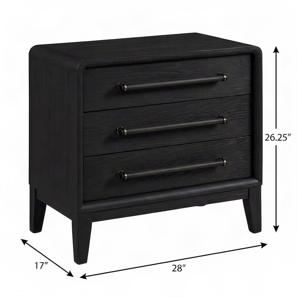 Elm Veneer 3-Drawer Bedside Nightstand with USB Charging Station, Peppercorn