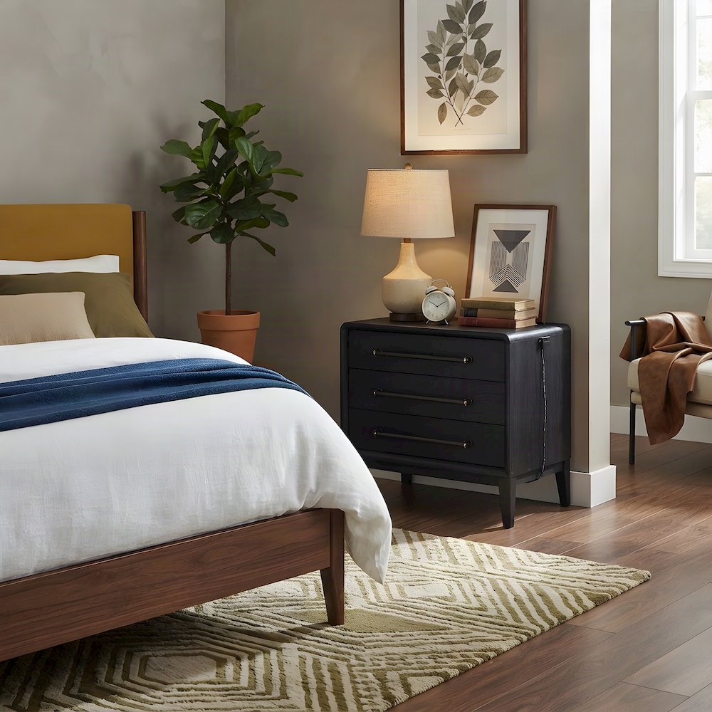 Elm Veneer 3-Drawer Bedside Nightstand with USB Charging Station, Peppercorn