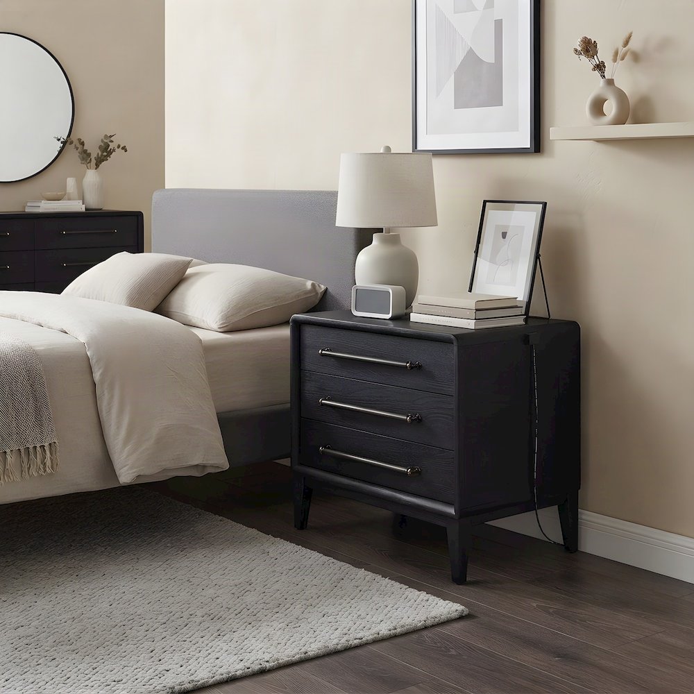 Elm Veneer 3-Drawer Bedside Nightstand with USB Charging Station, Peppercorn