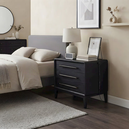 Elm Veneer 3-Drawer Bedside Nightstand with USB Charging Station, Peppercorn