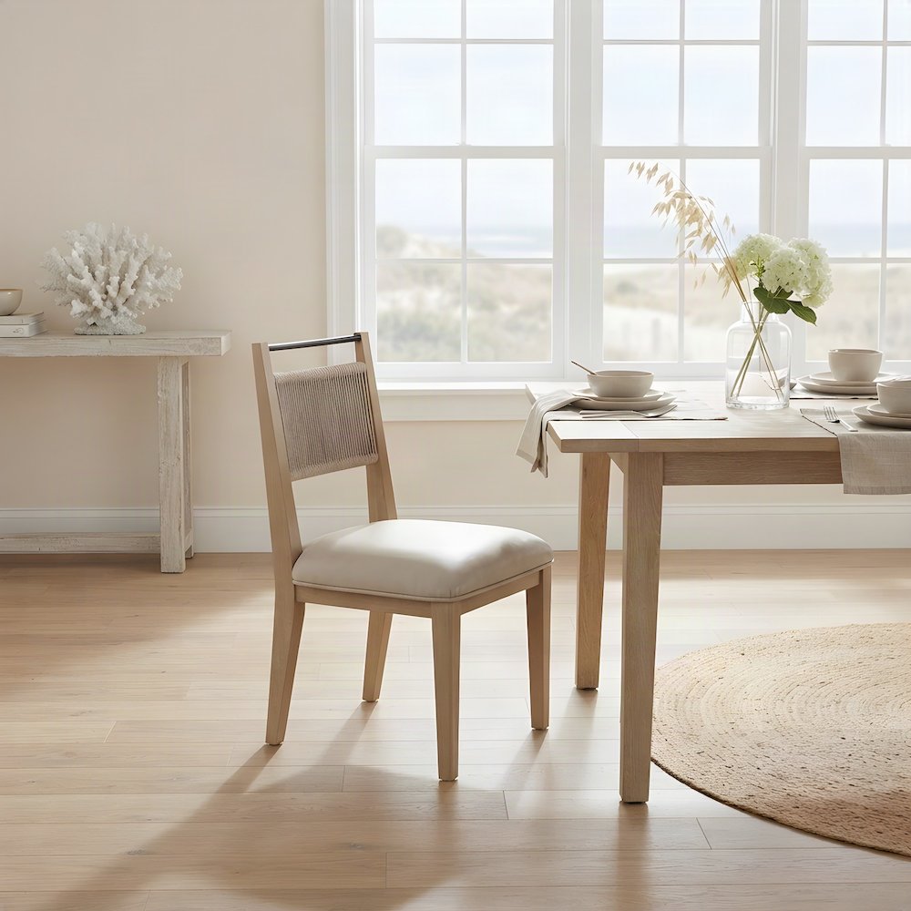 Veneer Side Chair with Woven Rope Back, Transitional Accent Seat, Toffee