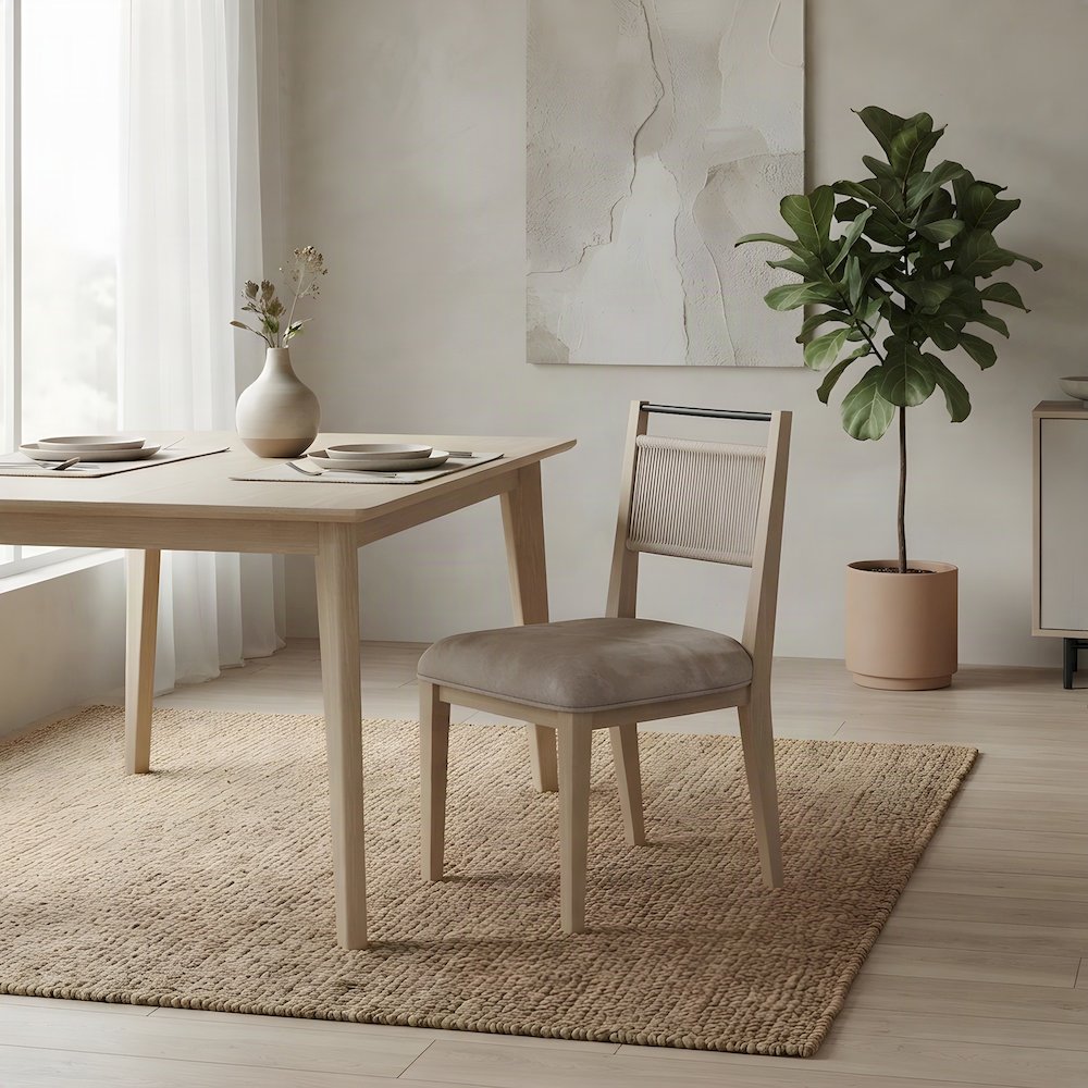 Veneer Side Chair with Woven Rope Back, Transitional Accent Seat, Toffee