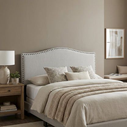 Off White Upholstered Queen Headboard, Solid Rubberwood Frame