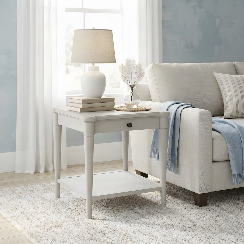 Rubberwood and Mindi Veneer End Table, Transitional Side Stand, Sand
