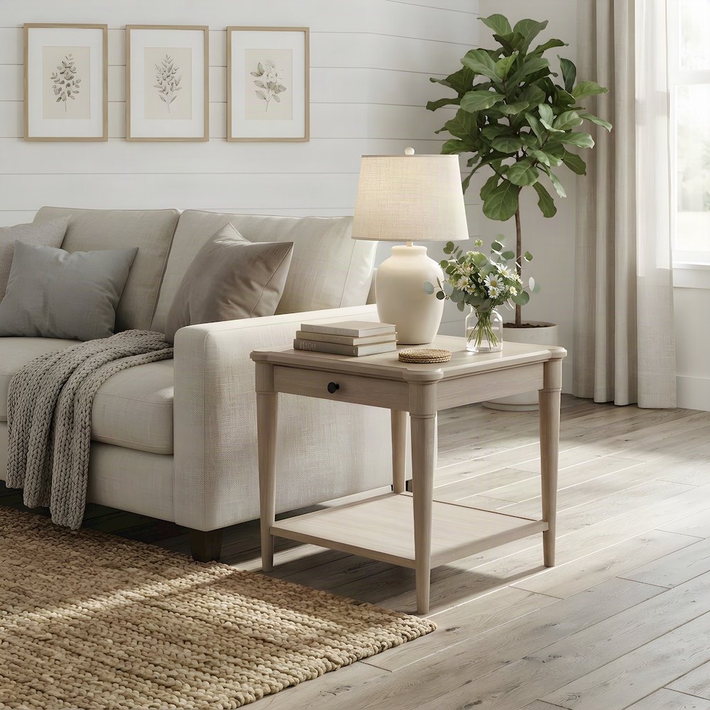 Rubberwood and Mindi Veneer End Table, Transitional Side Stand, Sand