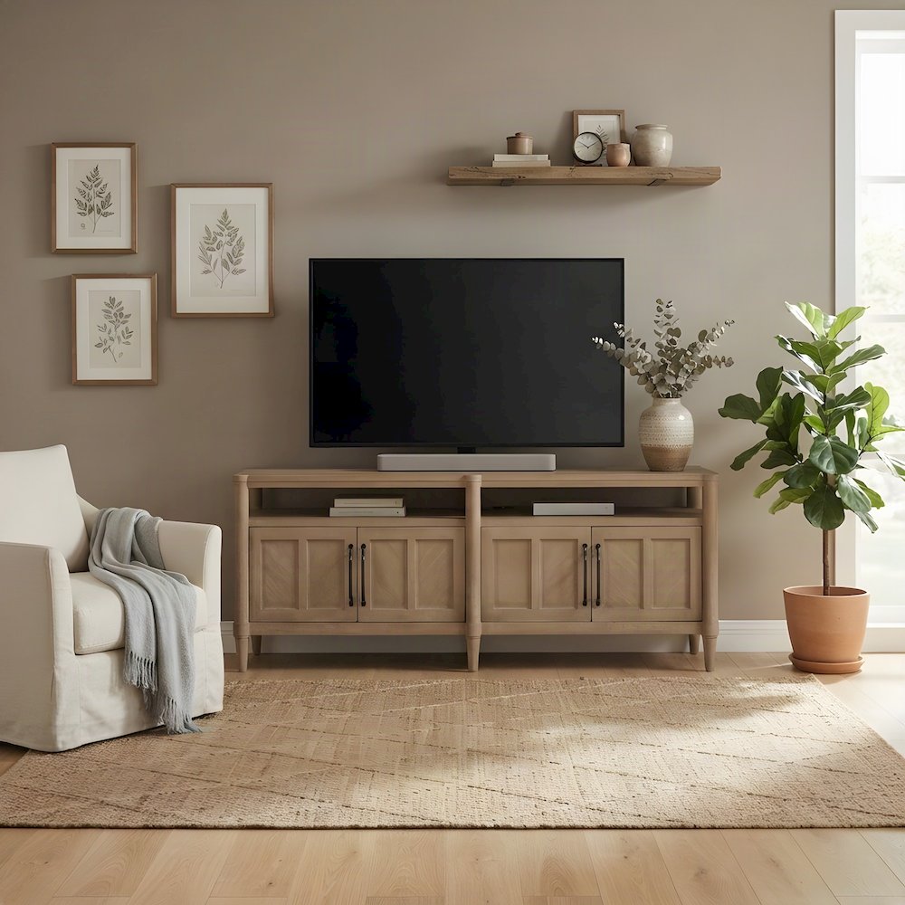 Rubberwood and Mindi Veneer Transitional Casual Sofa Console Table, Sand