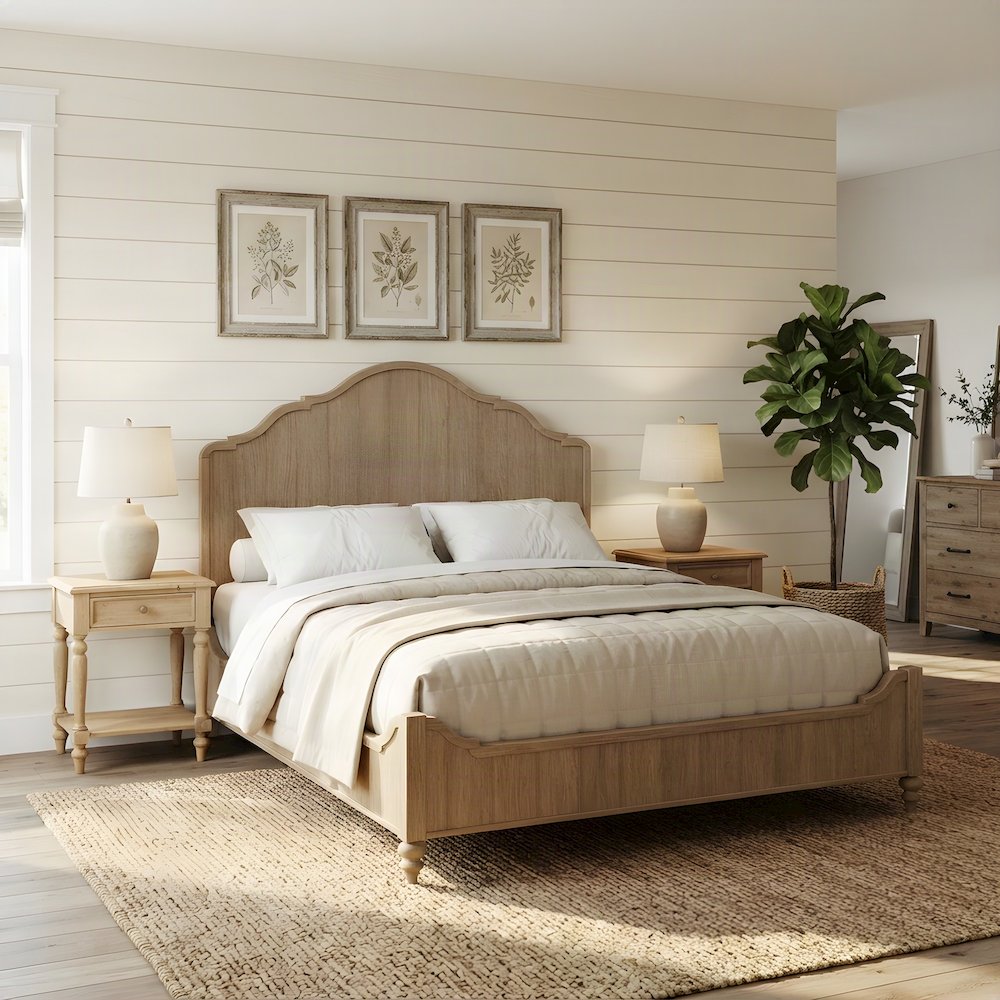 Rubberwood Queen Platform Bed with Panel Headboard, Wood Slats, Sand