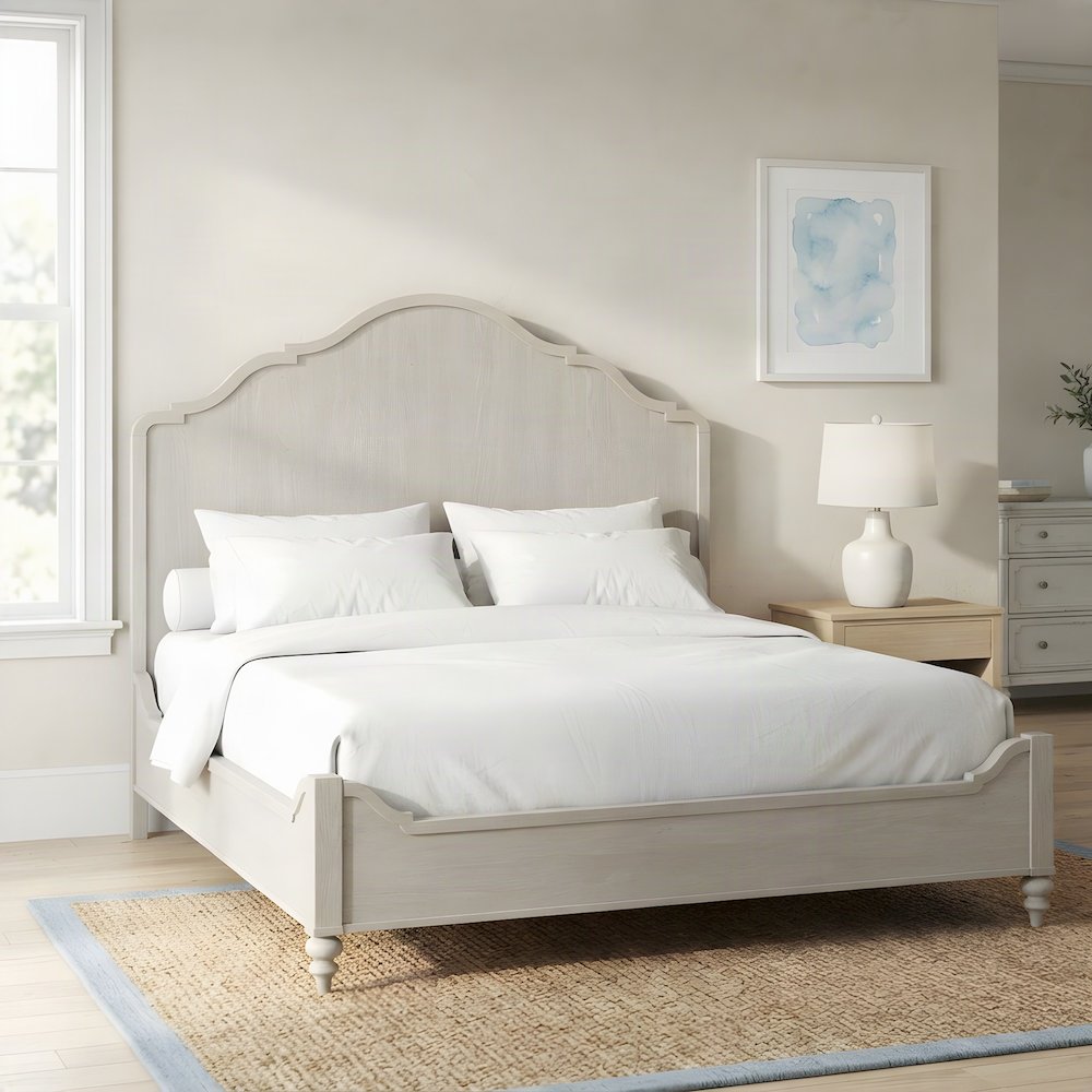 Rubberwood Queen Platform Bed with Panel Headboard, Wood Slats, Sand