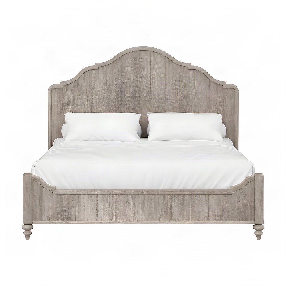 Rubberwood Queen Platform Bed with Panel Headboard, Wood Slats, Sand