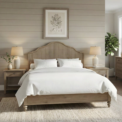 Rubberwood and Mindi Veneer King Panel Bed with Tall Headboard, Sand
